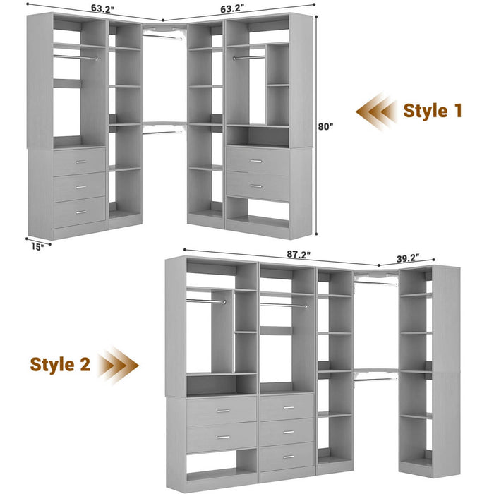 63.2'' Walk-in Freestanding Closet System with 3 Sets, with 5 Drawers & 4 Hanging Rods