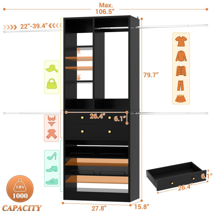 4.2 - 8.8 FT Adjustable Closet System with Drawers, Hanging Rods, and Shelves