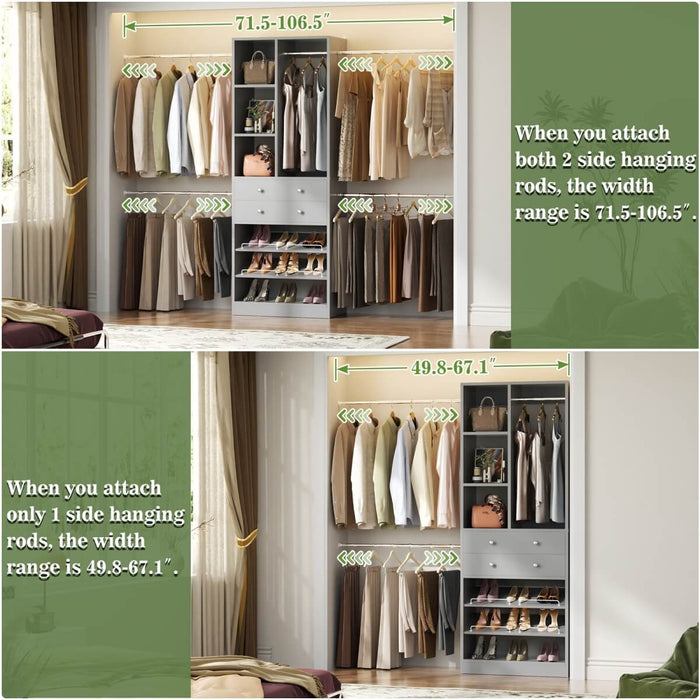 4.2 - 8.8 FT Adjustable Closet System with Drawers, Hanging Rods, and Shelves
