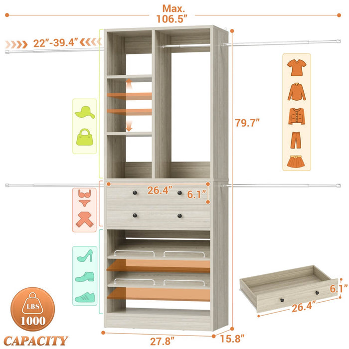 4.2 - 8.8 FT Adjustable Closet System with Drawers, Hanging Rods, and Shelves