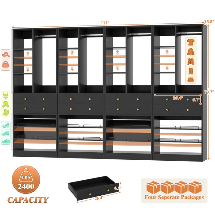 112"/9.3 FT Closet Organizer System with 8 Drawers and Shelves