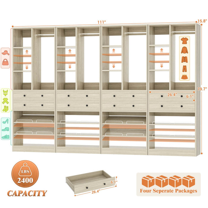 112"/9.3 FT Closet Organizer System with 8 Drawers and Shelves