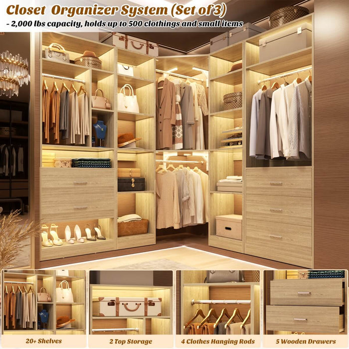63.2'' Walk-in Freestanding Closet System with 3 Sets, with 5 Drawers & 4 Hanging Rods