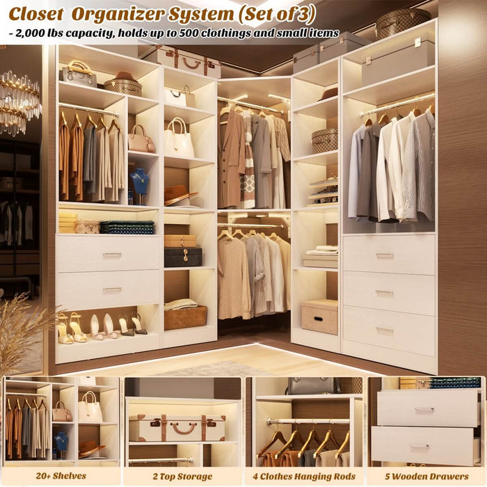 63.2'' Walk-in Freestanding Closet System with 3 Sets, with 5 Drawers & 4 Hanging Rods