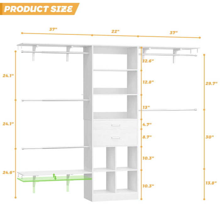 8FT Closet Organizer System with Wooden Drawers and Shelf Towers
