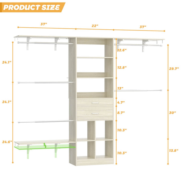 8FT Closet Organizer System with Wooden Drawers and Shelf Towers