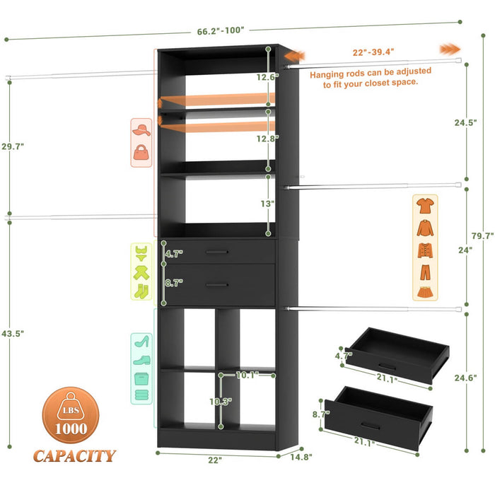 4-8 FT Closet Organizer Tower with 2 Wooden Drawers and Shelves