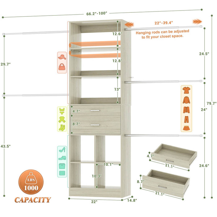 4-8 FT Closet Organizer Tower with 2 Wooden Drawers and Shelves