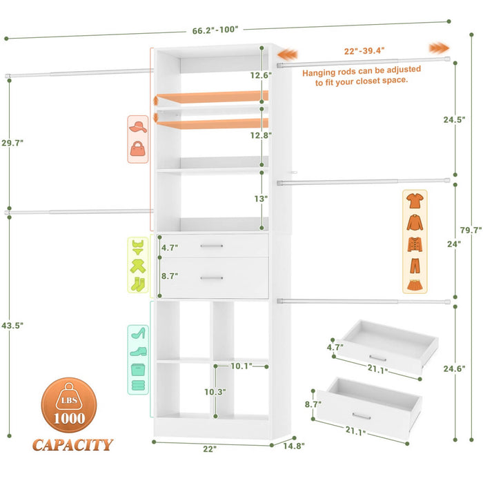 4-8 FT Closet Organizer Tower with 2 Wooden Drawers and Shelves