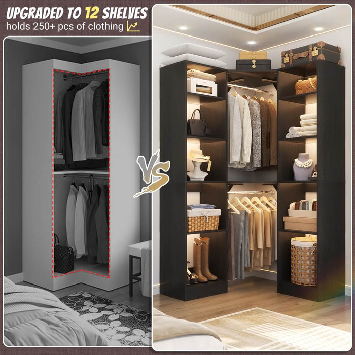 40'' Corner Closet System with 2 Hanging Rods & 12 Storage Shelves, 6-Tier Walk in Closet Organizer