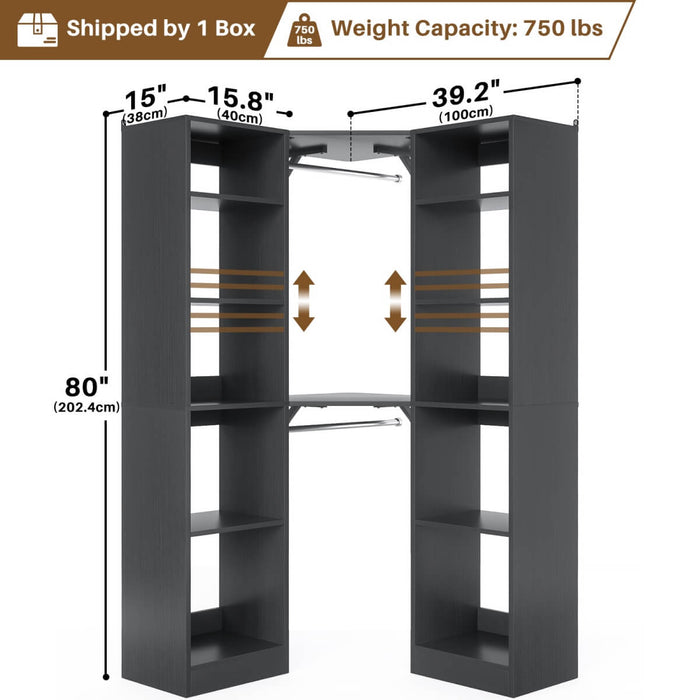 40'' Corner Closet System with 2 Hanging Rods & 12 Storage Shelves, 6-Tier Walk in Closet Organizer