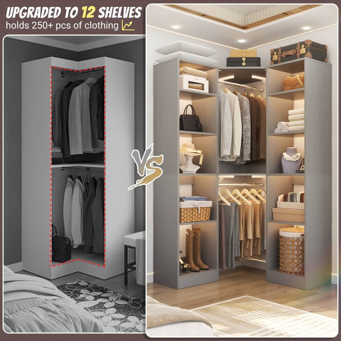 40'' Corner Closet System with 2 Hanging Rods & 12 Storage Shelves, 6-Tier Walk in Closet Organizer