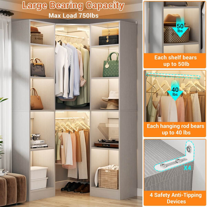 40'' Corner Closet System with 2 Hanging Rods & 12 Storage Shelves, 6-Tier Walk in Closet Organizer