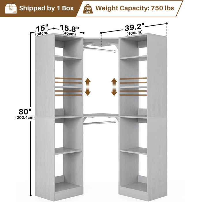 40'' Corner Closet System with 2 Hanging Rods & 12 Storage Shelves, 6-Tier Walk in Closet Organizer