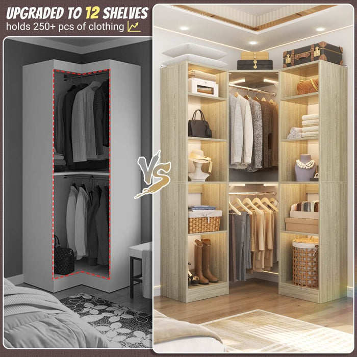 40'' Corner Closet System with 2 Hanging Rods & 12 Storage Shelves, 6-Tier Walk in Closet Organizer