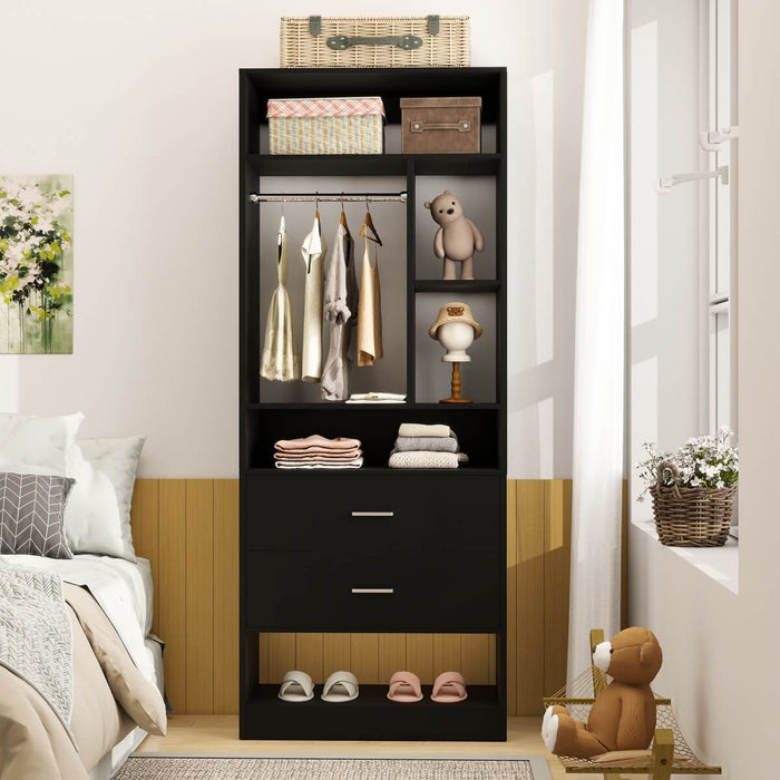 24'' Freestanding Closet System with 2 Wooden Drawers, 6 Shelves, & Hanging Rod
