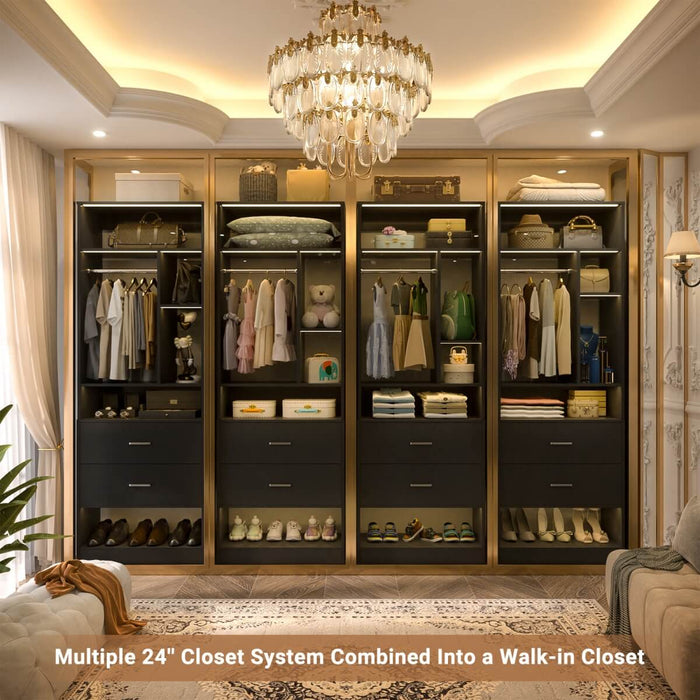 24'' Freestanding Closet System with 2 Wooden Drawers, 6 Shelves, & Hanging Rod