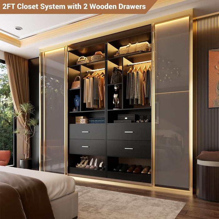 24'' Freestanding Closet System with 2 Wooden Drawers, 6 Shelves, & Hanging Rod