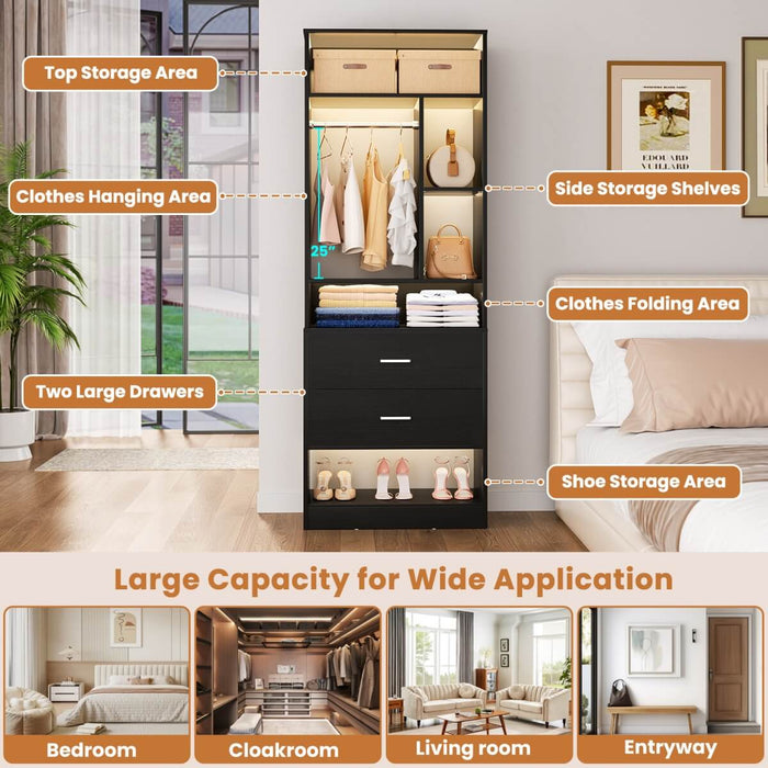 24'' Freestanding Closet System with 2 Wooden Drawers, 6 Shelves, & Hanging Rod