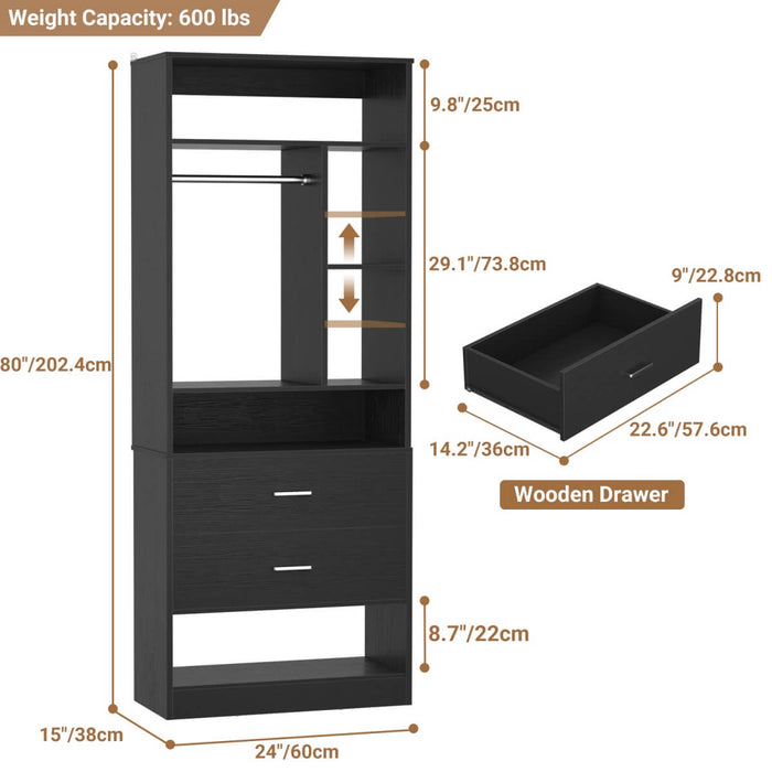 24'' Freestanding Closet System with 2 Wooden Drawers, 6 Shelves, & Hanging Rod