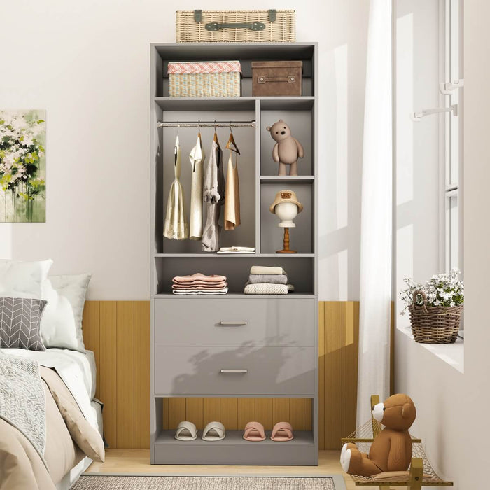 24'' Freestanding Closet System with 2 Wooden Drawers, 6 Shelves, & Hanging Rod