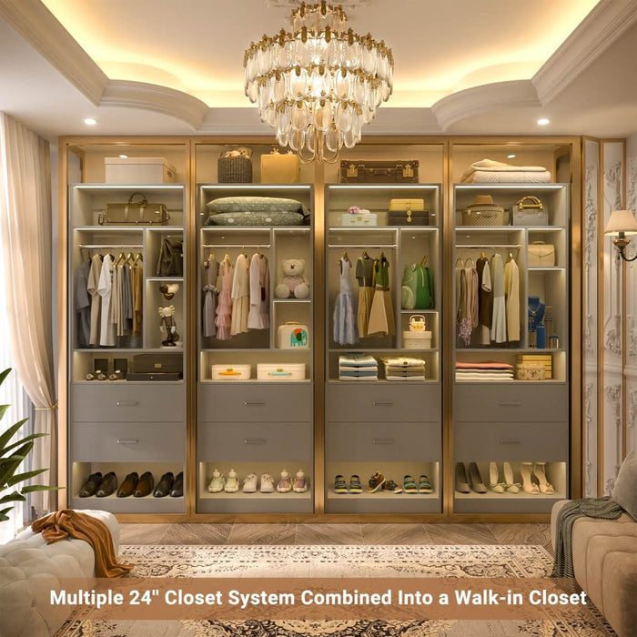 24'' Freestanding Closet System with 2 Wooden Drawers, 6 Shelves, & Hanging Rod