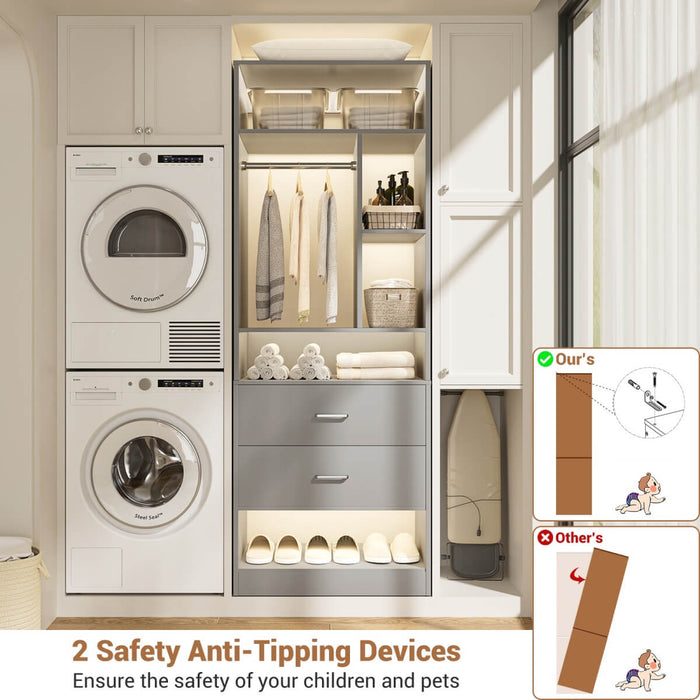 24'' Freestanding Closet System with 2 Wooden Drawers, 6 Shelves, & Hanging Rod