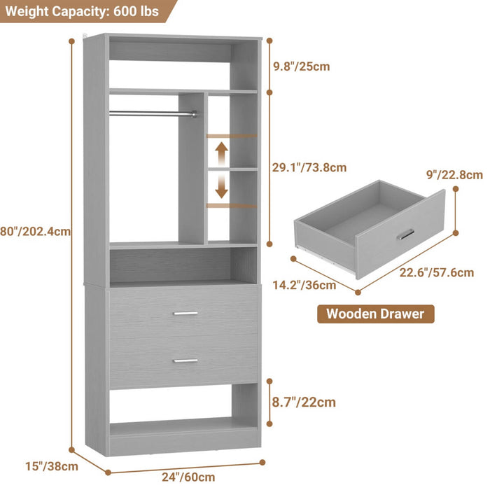 24'' Freestanding Closet System with 2 Wooden Drawers, 6 Shelves, & Hanging Rod