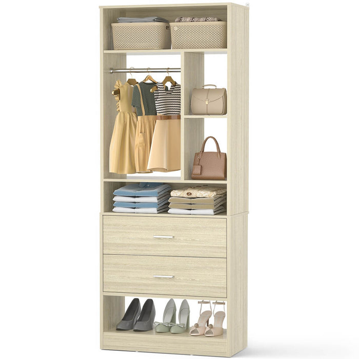 24'' Freestanding Closet System with 2 Wooden Drawers, 6 Shelves, & Hanging Rod
