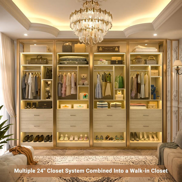 24'' Freestanding Closet System with 2 Wooden Drawers, 6 Shelves, & Hanging Rod