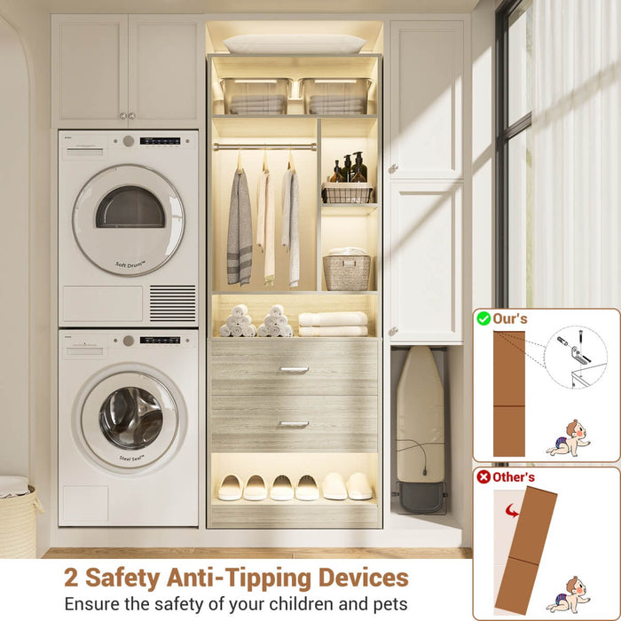 24'' Freestanding Closet System with 2 Wooden Drawers, 6 Shelves, & Hanging Rod