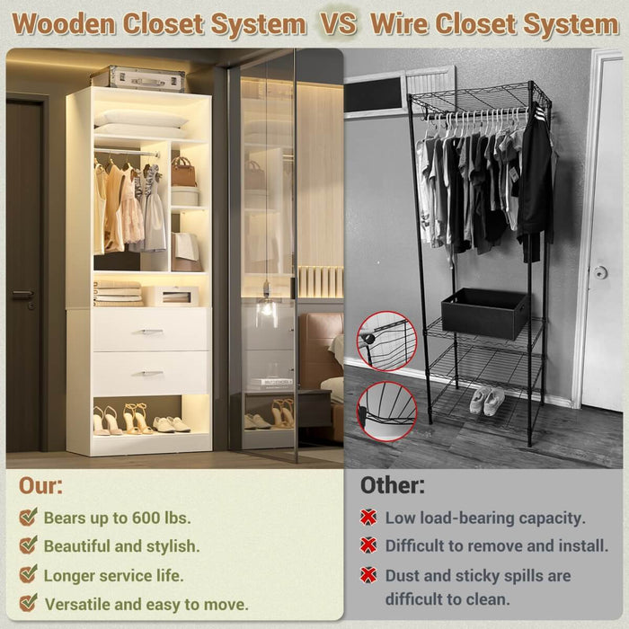 24'' Freestanding Closet System with 2 Wooden Drawers, 6 Shelves, & Hanging Rod