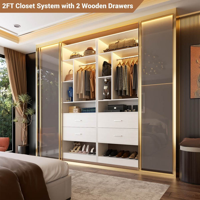 24'' Freestanding Closet System with 2 Wooden Drawers, 6 Shelves, & Hanging Rod