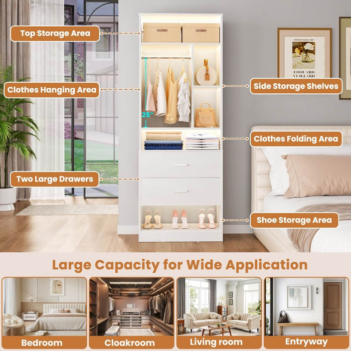 24'' Freestanding Closet System with 2 Wooden Drawers, 6 Shelves, & Hanging Rod