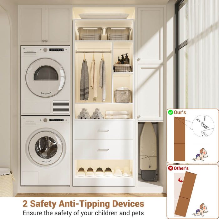 24'' Freestanding Closet System with 2 Wooden Drawers, 6 Shelves, & Hanging Rod