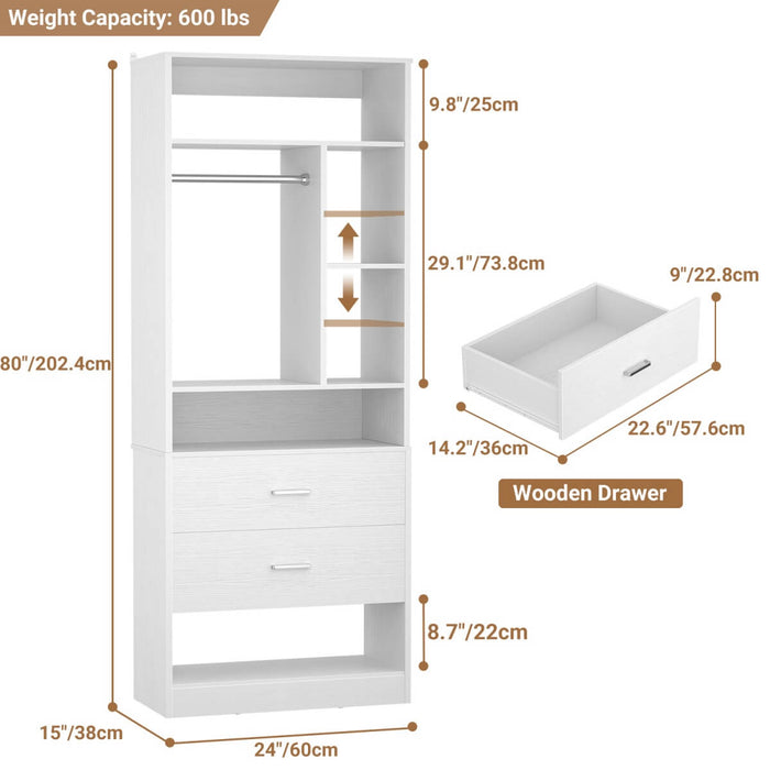 24'' Freestanding Closet System with 2 Wooden Drawers, 6 Shelves, & Hanging Rod