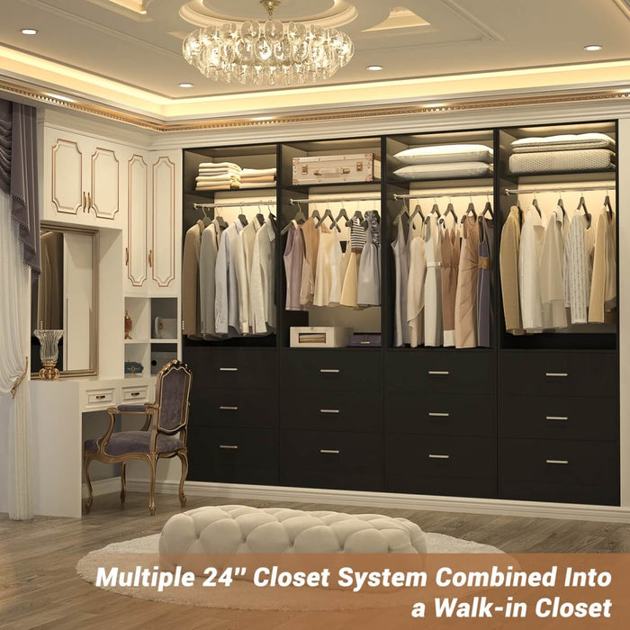2FT Freestanding Walk in Closet System with 3 Wooden Drawers, Hanging Rod & Shelves