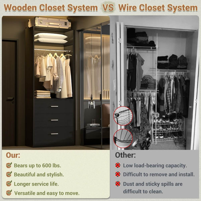 2FT Freestanding Walk in Closet System with 3 Wooden Drawers, Hanging Rod & Shelves