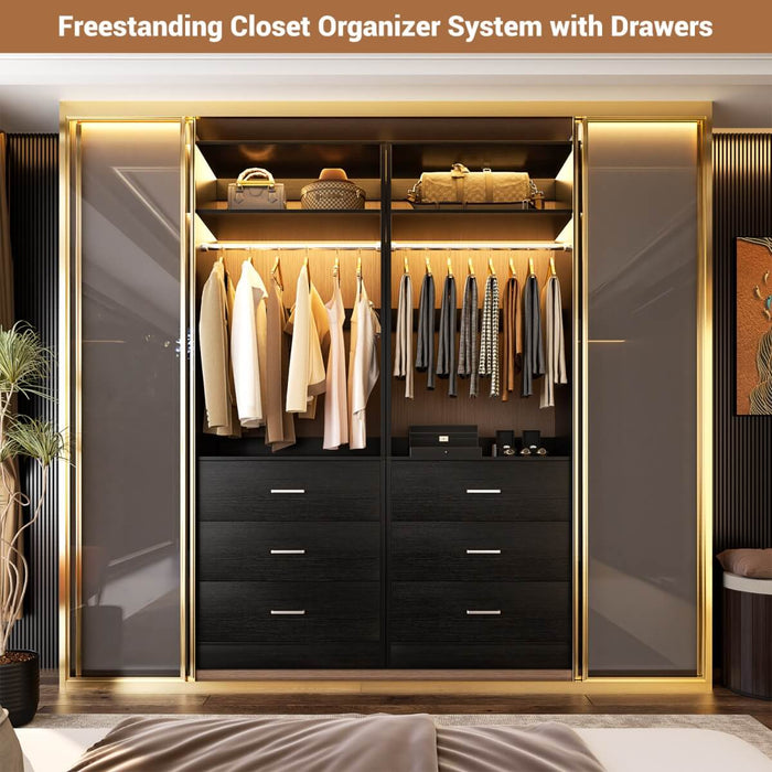2FT Freestanding Walk in Closet System with 3 Wooden Drawers, Hanging Rod & Shelves