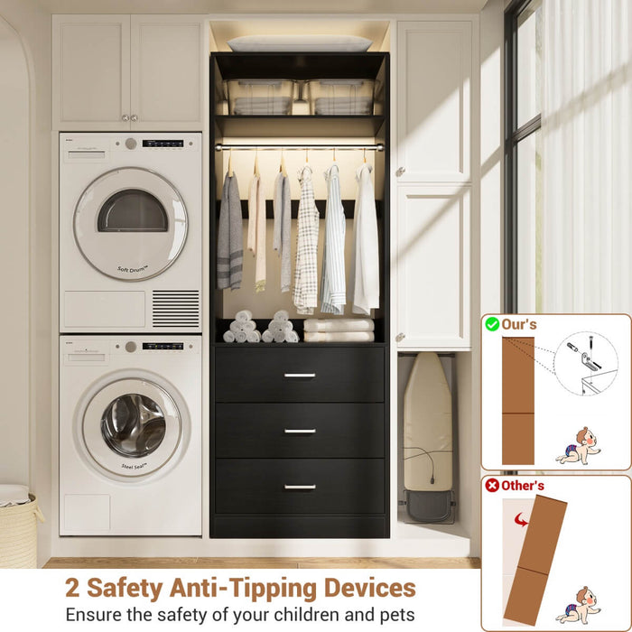 2FT Freestanding Walk in Closet System with 3 Wooden Drawers, Hanging Rod & Shelves