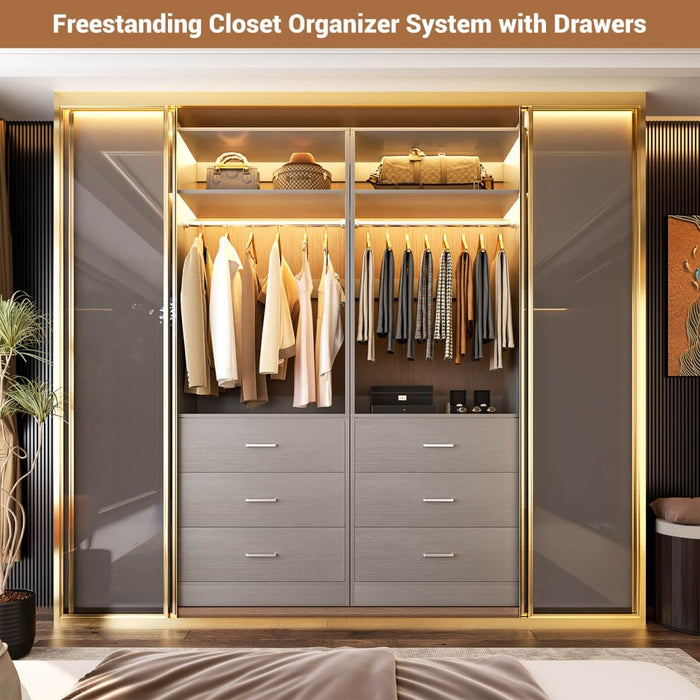 2FT Freestanding Walk in Closet System with 3 Wooden Drawers, Hanging Rod & Shelves