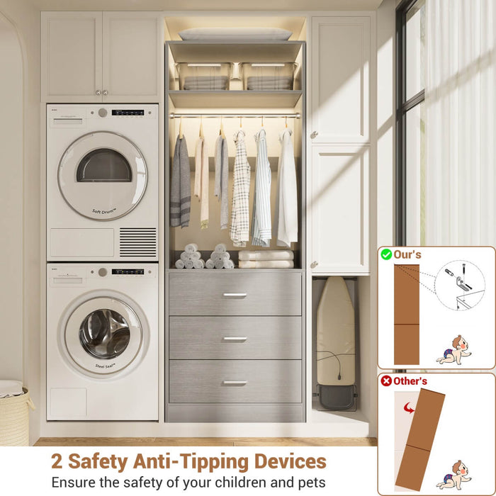 2FT Freestanding Walk in Closet System with 3 Wooden Drawers, Hanging Rod & Shelves