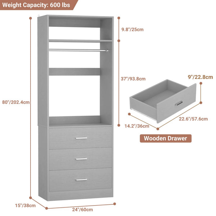 2FT Freestanding Walk in Closet System with 3 Wooden Drawers, Hanging Rod & Shelves