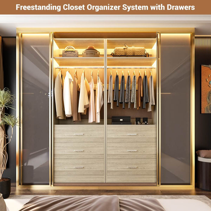2FT Freestanding Walk in Closet System with 3 Wooden Drawers, Hanging Rod & Shelves