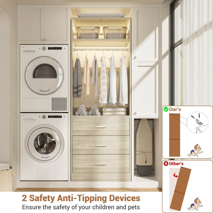 2FT Freestanding Walk in Closet System with 3 Wooden Drawers, Hanging Rod & Shelves