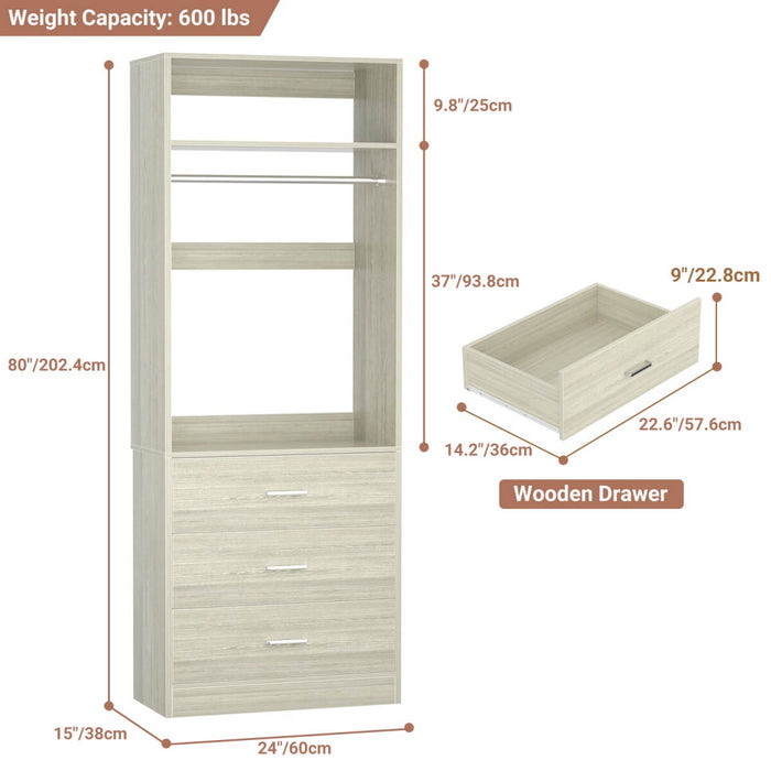 2FT Freestanding Walk in Closet System with 3 Wooden Drawers, Hanging Rod & Shelves