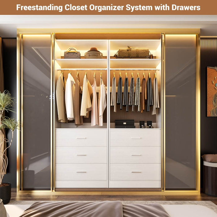 2FT Freestanding Walk in Closet System with 3 Wooden Drawers, Hanging Rod & Shelves
