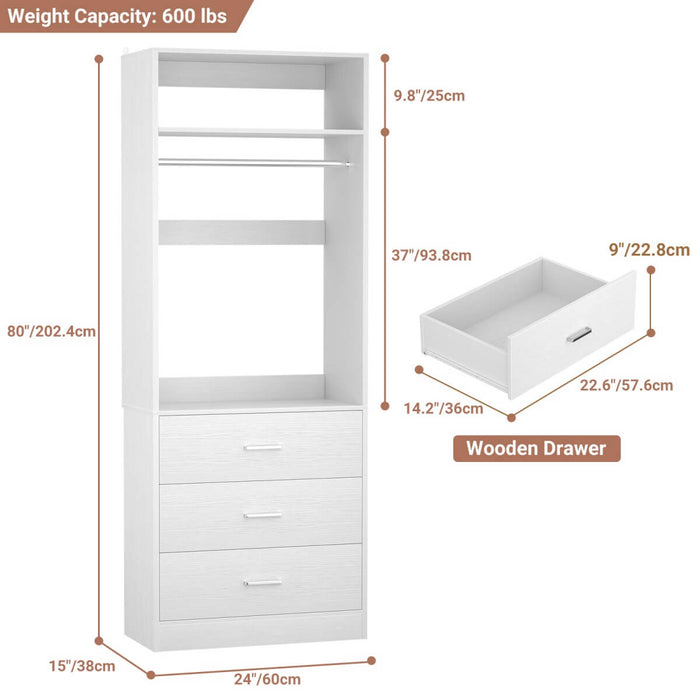 2FT Freestanding Walk in Closet System with 3 Wooden Drawers, Hanging Rod & Shelves