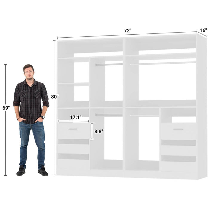 72 Inch Closet System With 6 Drawers And 4 Rods