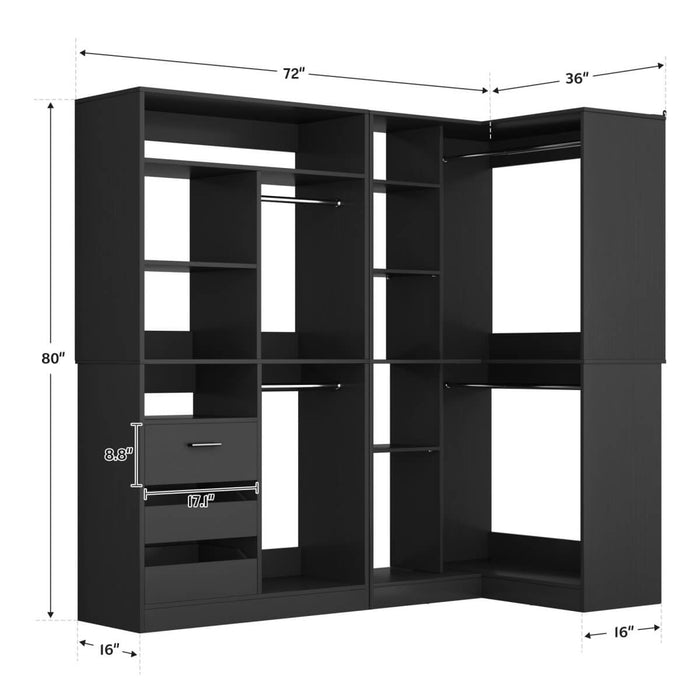 72 Inch Walk In Closet System with 3 Drawers and 4 Rods